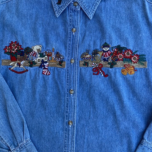 Vintage Bobbie Green Holiday Embroidered Long Sleeve Denim Shirt - Picture 9 of 9